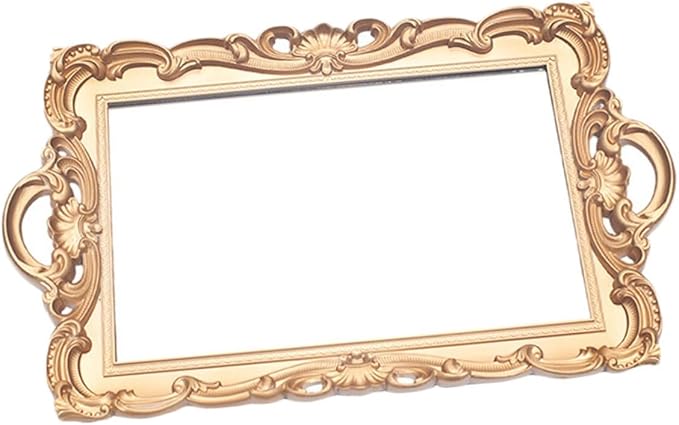 Artibetter Retro European Mirror Tray Decorative Makeup Organizer Perfume Storage Plate Golden Rectangular Household Vanity Display Accent for Home Décor