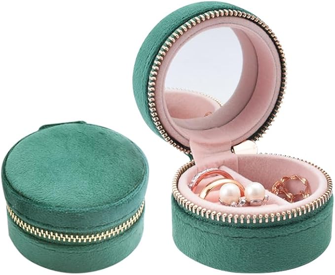 Mini Small Travel Jewelry Case With Mirror - Compact Velvet Organizer Box, Portable Clutch Earrings/Rings/Necklaces Premium Storage, Bridesmaid/Girlfriend Gift for Make up (Green)