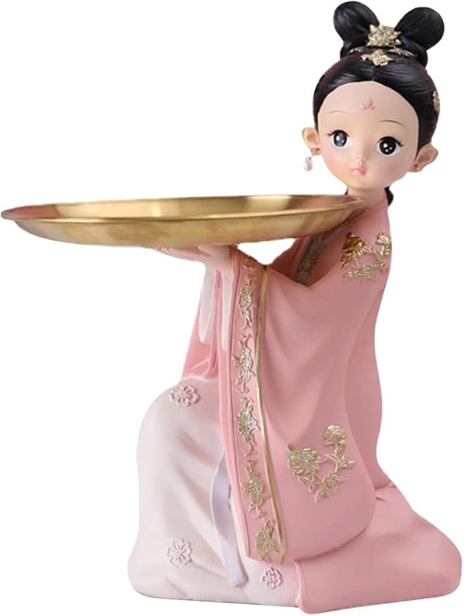 Girl Figurines Serving Tray Resin Girl Statue Jewelry Trinket Storage Tray Key Candy Snacks Makeup Organizer for Home Office Table Decoration - Pink