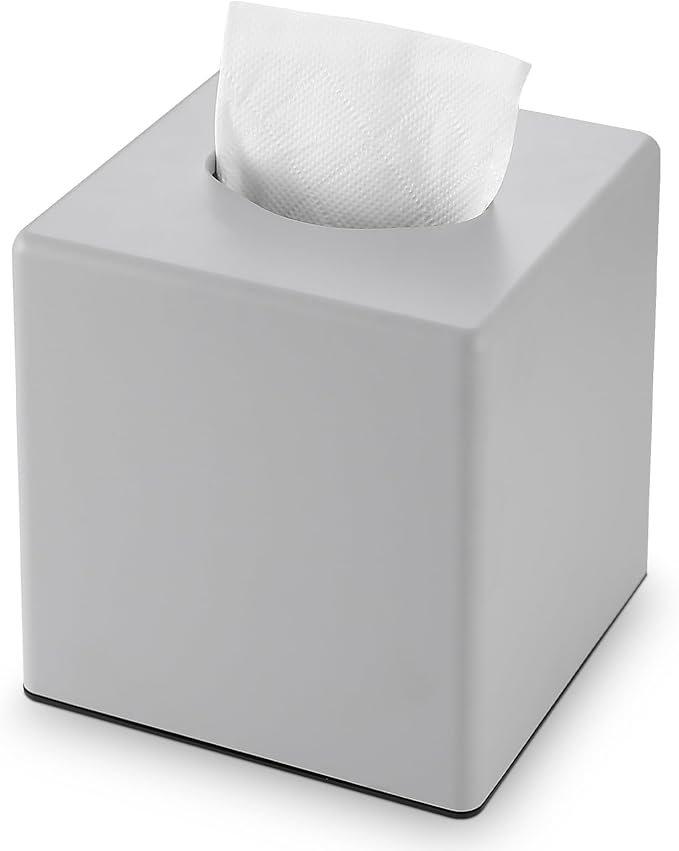 Y-in Hand Tissue Box Cover, Square Facial Tissue Holder Storage for Bathroom Vanity, Countertops, Dressers, Night Stand, Parlors and Offices - Grey