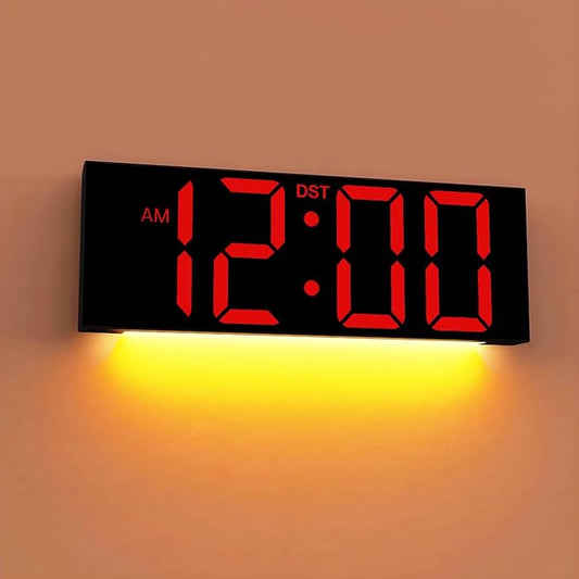 JALL 12'' Large Digital Wall Clock, Big LED Number Dispaly, RGB Colors, DST, Night Light for Classroom Living Room Bedroom Mounted Birthday Xmas Gift for Senior, Black Shell, Red Font