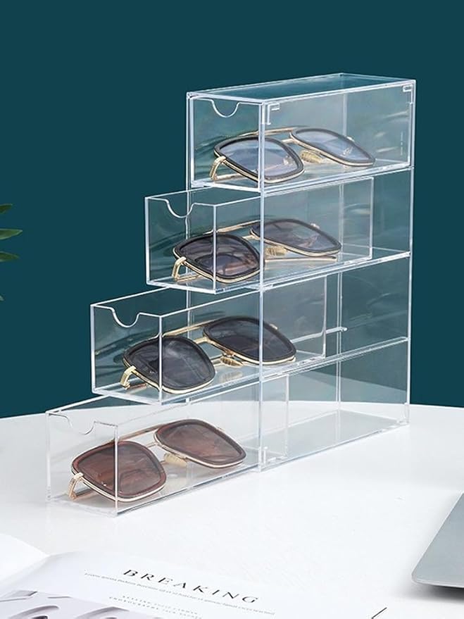 Glasses Storage Box 4 Layers Large Glasses Organizer Box Multifunctional Stackable Display Holder Reusable Acrylic Cosmetics Makeup Organizer Transparent Eyeglasses Organizer for Jewelry Sung