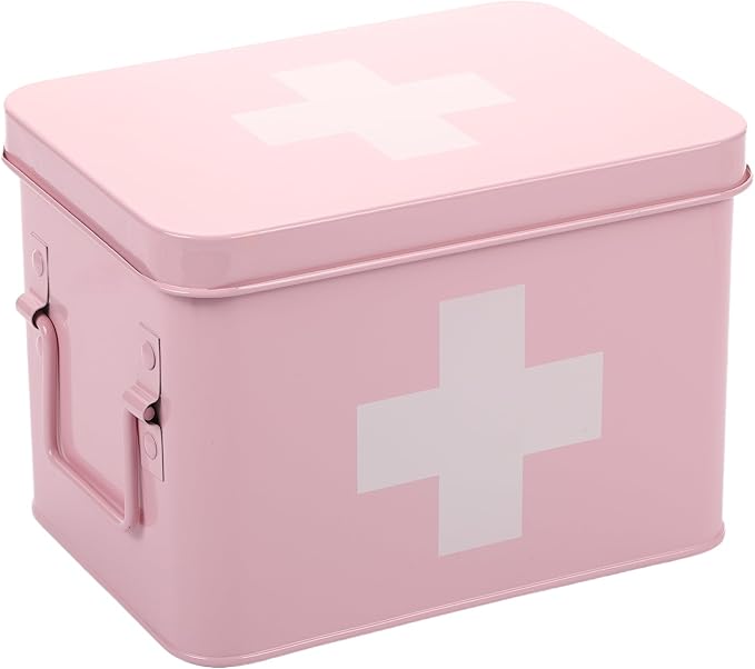 Lassos Boutique Retro Enameled First Aid Box for Medicine Storage and Home Decor with Lid and Removable Tray (Pink/White)