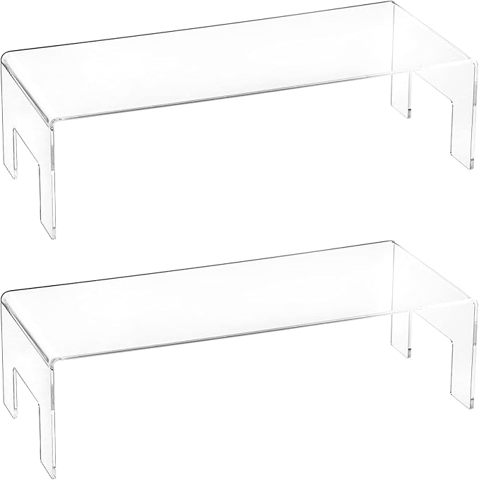 Frcctre 2 Pack Acrylic Display Risers, 12" Lx5 Wx3.3 H Clear 5mm Thick Small Display Risers Stand Acrylic Showcase Fixtures Shelf for Dessert Cupcake Figures Toys Cosmetics Perfume