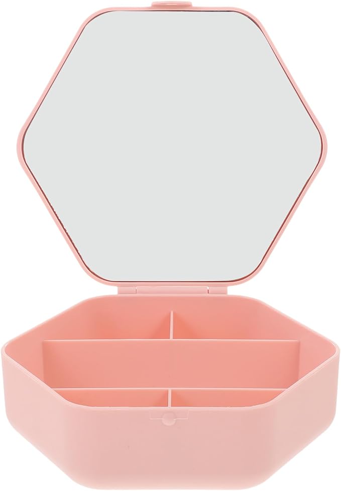 POPETPOP Portable Jewelry Box with Mirror, Hexagonal Pink Makeup Organizer for Necklace, Earring, Bracelet Storage, Compact Travel Jewelry Case for Women