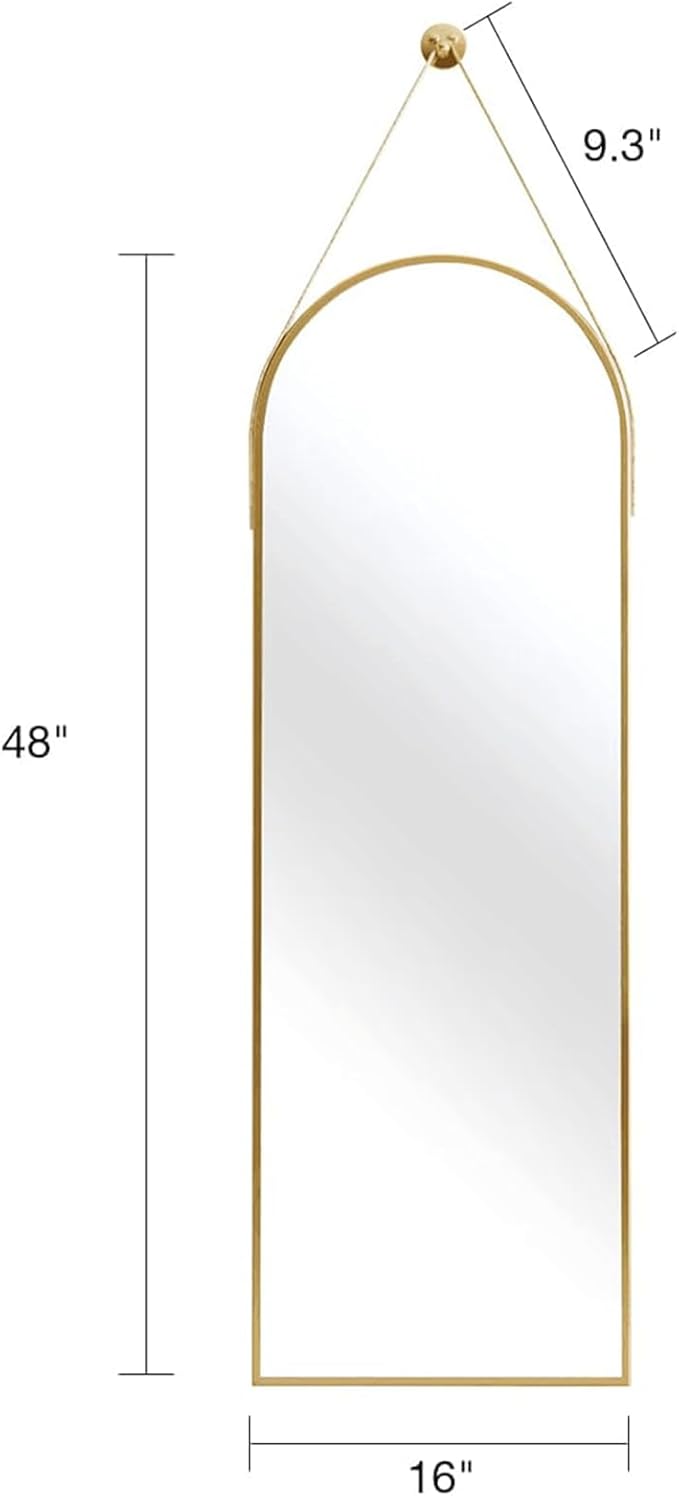 Full Length Mirror, Arched Wall Mounted Mirror, 48"x16" Door Mirrors with Hanging Leather Strap, Wall Mirrors Full Length with Aluminum Frame for Bathroom Living Room Entryway (Gold)
