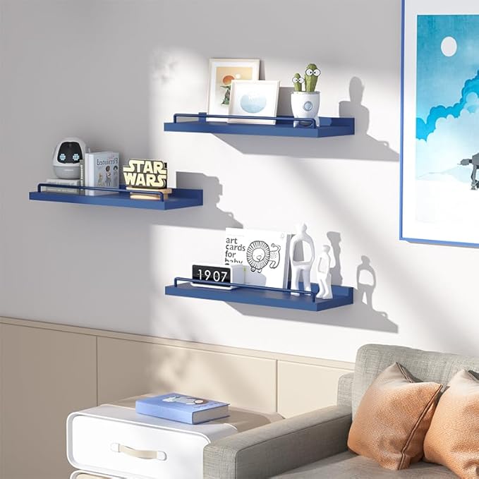 RYOFOBETTO Floating Shelves, Bathroom Decor Shelves Over Toilet, Farmhouse Wall Shelves for Living Room, Bedroom, Picture Frames, Plants, Kitchen, Set of 3 (Dark Blue)