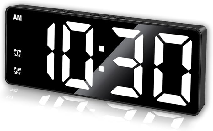 Small Digital Alarm Clock, Mirror Surface LED Electronic Clocks with Large Display, Adjustable Brightness and Snooze Model for Bedroom, Desk, Office, Blackcase White Digit