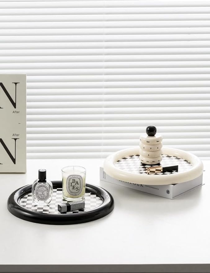 Ciandid Checkered Decorative Tray, Retro Jewelry Tray Dresser Tray for Makeup Perfume Organizer, Aromatherapy Reed Diffuser Tray Vanity Tray for Bathroom(Black)