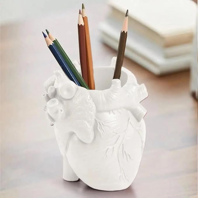 Small Human Heart Organ Shape Pen Holder Home Office Desk Storage Resin Decor, Makeup Brush Holder, 4.1" x 3.5", White
