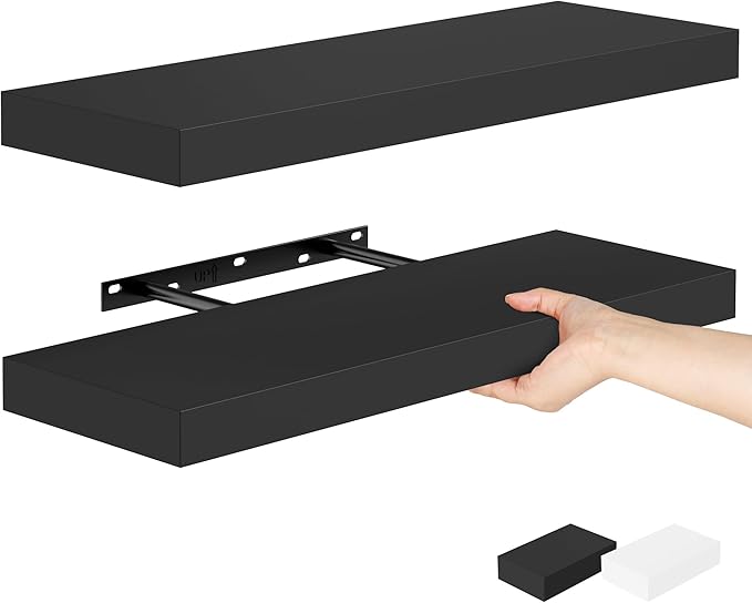 Bellsal 2-Pack Black Modern Floating Shelves, 24" Wall Mounted, Set of 2 Wooden Wall Shelf for Kitchen, Living Room, Bedroom, Bathroom Storage