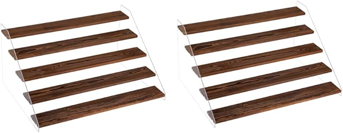 2 PACK Extra Large 5 Steps Display Shelf Stand 24*17*12 inches Clear Acrylic Riser Shelves Wood Acrylic Storage for Figure Collection Cupcake Desserts Holder Cologne Organizer for Men (Brown)