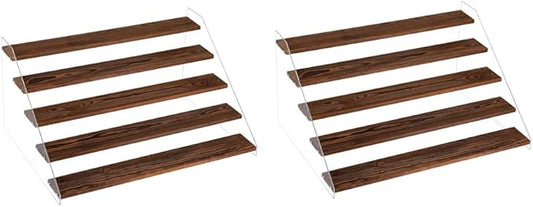 2 PACK Extra Large 5 Steps Display Shelf Stand 24*17*12 inches Clear Acrylic Riser Shelves Wood Acrylic Storage for Figure Collection Cupcake Desserts Holder Cologne Organizer for Men (Brown)