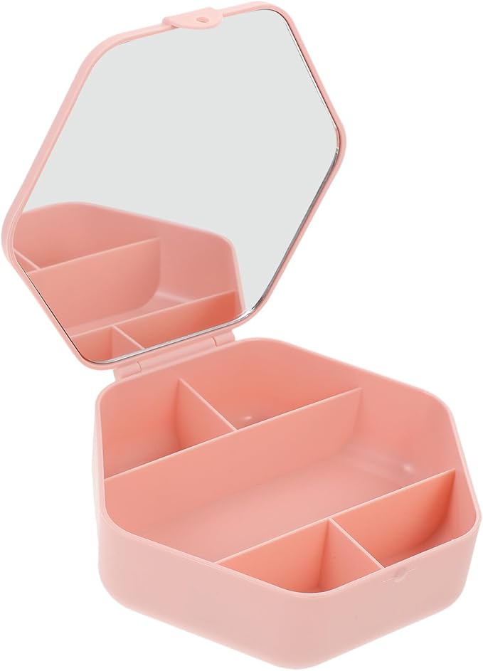 Totority Hexagonal Jewelry Box with Mirror, Pink Makeup Organizer and Travel Jewelry Holder, Portable Necklace Storage Case and Women