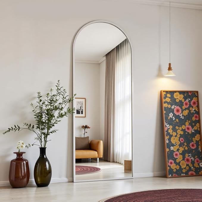 OGCAU Floor Full Length Mirror, 56"x20" Arched Full Body Mirror, Hanging or Leaning, Standing, Wall Mounted with Aluminum Frame for Bedroom Living Room, White