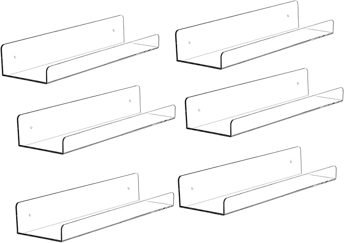 15 inch Clear Acrylic Floating Wall Ledge Shelf Display,6pcs Wall Mounted Nursery Kids Bookshelf Invisible Spice Rack, Bathroom Storage Shelves Display for Bedroom Office Toy Picture Ledge, 5MM Thick