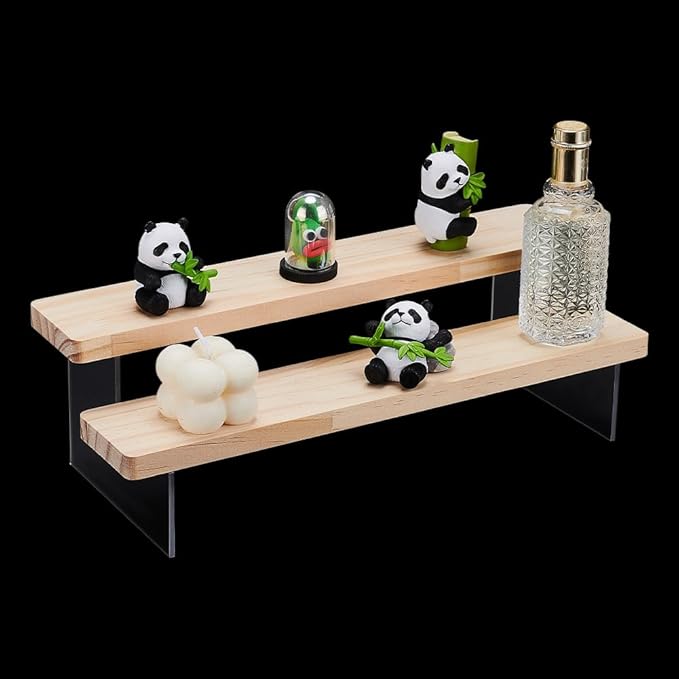 NBEADS 2-Tier Wooden Display Riser Shelf, Blanched Almond Tabletop Small Model Stand Risers Acrylic Display Makeup Step Perfume Organizer for Cosmetics Figure Collection, 11.7x4.3x3.5inch