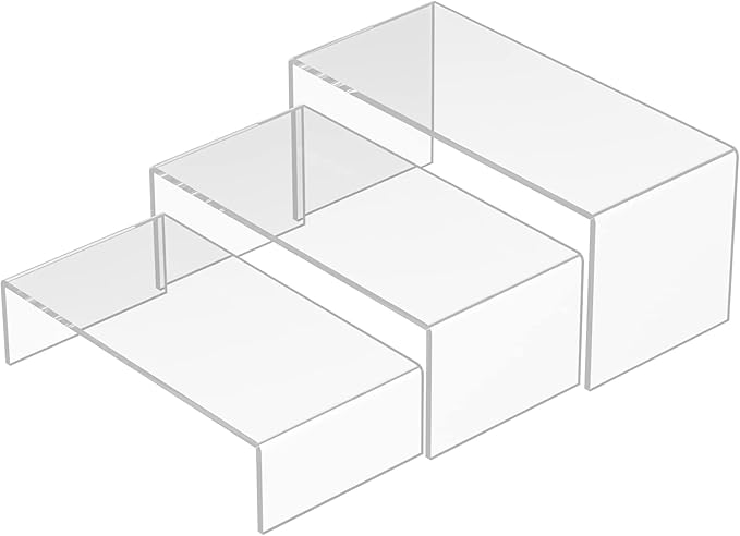 Sezanrpt Clear Riser Shelf 3pcs, Desktop Rectangular Acrylic Display Shelves Organizer, Acrylic Stands for Funko Pop Figure, Perfumes, Bags, Shoes, Glasses, Plants, Toys, Collectibles - 8''x8.5''x9''