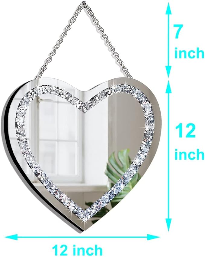 DMDFIRST Crystal Crush Diamond Heart Shaped Silver Mirror with Silver Stainless Steel Chain for Wall Decoration 12x12x0.5 inch Frameless Glam Mirror
