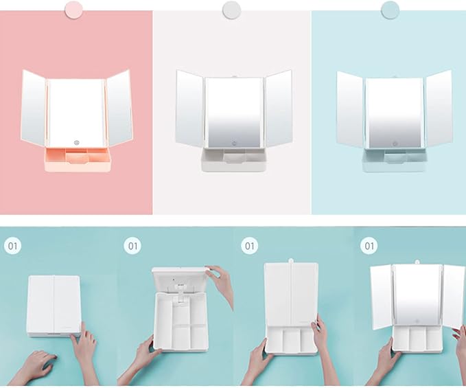 Makeup Mirror Vanity Mirror - Trifold Lighted Makeup Mirror, Makeup Mirror with Organizer and Lights, Makeup Mirror with Tray, Travel Mirror, Lighted Makeup Mirror, LED Mirror,White