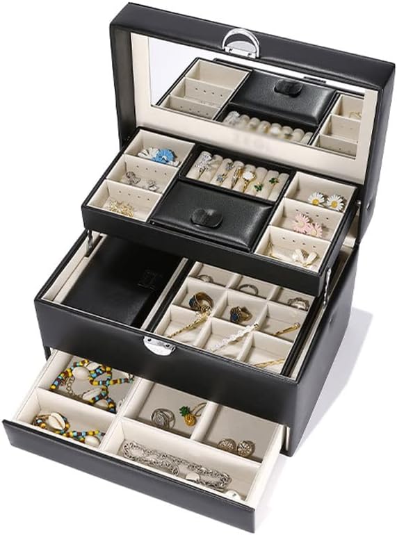 Makeup Organizers Jewelry Box Storage Box Three Drawer Type Jewelry Box Can Store Display Ring Bracelet Necklace Earrings Watch Jewelry Case (Color : Black)