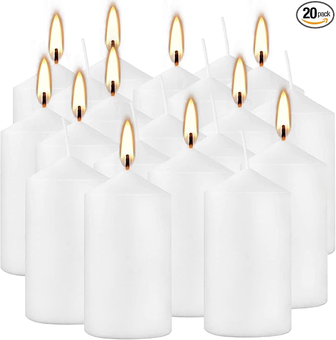 Howemon 20 Pcs Bulk Long Burning Wax Pillar Candles 2" x 4" Dripless Unscented Smokeless for Wedding Party Spa Lantern Fireplace Home(White)