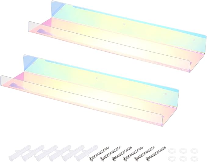 MECCANIXITY 2 Pack Acrylic Shelves for Wall, 15 Inch Rainbow Floating Shelves Wall Mount Display Shelf Organizer for Bathroom, Bedroom, Living Room, Room Decor