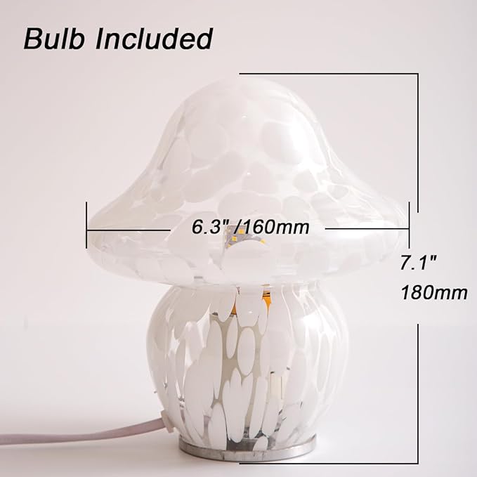 HEQET Mushroom Lamp Glass Mushroom Table Lamp for Bedrooms, Living Room, Aesthetic Lamps for Bedroom, Cute Bedside Lamp（White Dot）