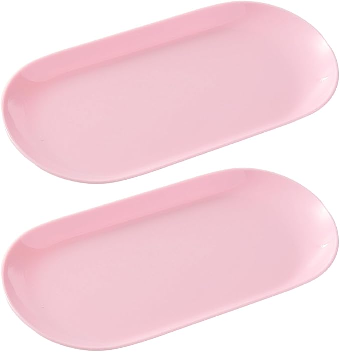 SUTOKAKA 2 Pack Pink Plastic Jewelry Tray Decorative Dish, Small Oval Candy Dessert Plate, Manicure Tools Placing Supplies for Home Salon Storage