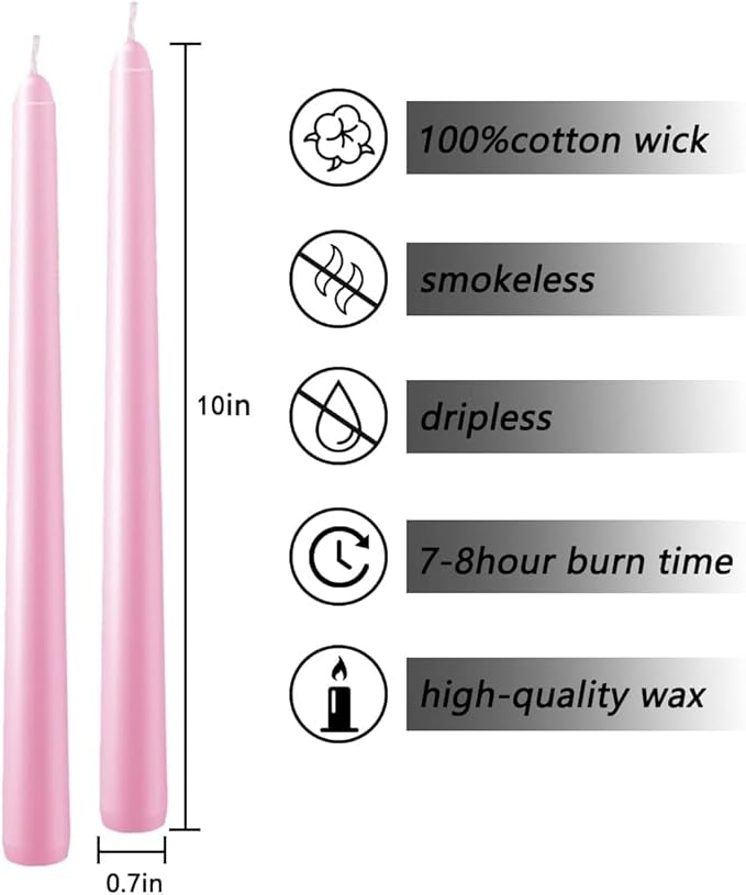 WPONSZU Set of 14 Pink Taper Candles, 7-8 Hours Burn Time, Unscented, Smokeless and Dripless, 4/5 x 10 Inch Dinner Candle Set for Valentine's Day,Household, Wedding, Party and Home Décor Candlesticks