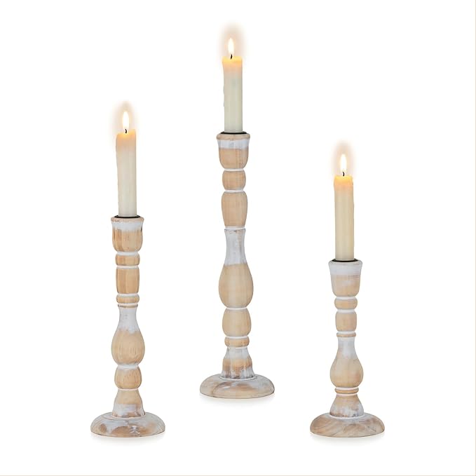 NUPTIO Candlestick Holders Wood for Home: Set of 3 Tall Farmhouse Taper Candle Holders for Christmas Gift Mantel Decor
