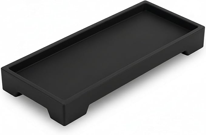 Countertop Vanity Tray - Silicone Bathroom Sink Organizer & Kitchen Soap Tray, Footed Anti-Slip Design, Waterproof Caddy for Perfume, Jewelry, Makeup, Bottle, Oil, Sponge Holder, Black (L10 x W 4.2")