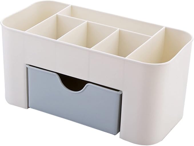 6 Compartments Cosmetics Makeup Organizer Cosmetic Storage Box with Drawer Multifunctional Makeup Desk Organizer for Home Bathroom(Blue)