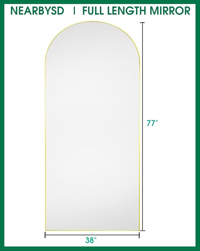 NEARBYSD Arched Full Length Mirror77 x38 Full Body Floor Mirror Standing Hanging or Leaning Wall, Arch Wall Mirror with Stand Aluminum Alloy Frame for Bedroom Cloakroom Gold