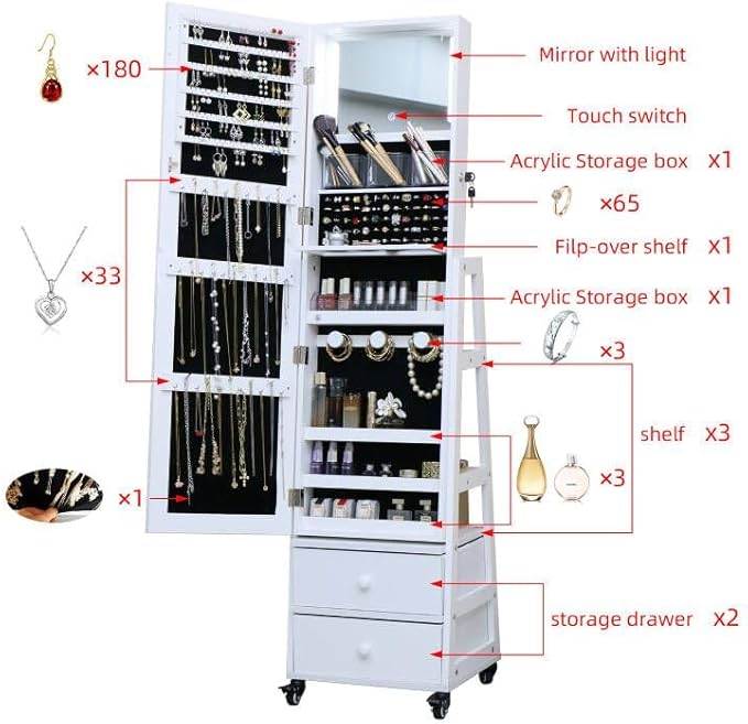 Jewelry Cabinet Standing Mirror with Drawers Wheels Full Length Mirror Jewelry Storage with Touch Screen Vanity Mirror Rotatable Jewelry Armoire Organizer with Lock White Christmas Gift for Women