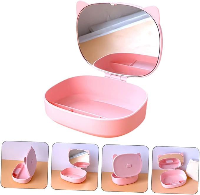 BESPORTBLE Cartoon Cat Ear Jewelry Box with Mirror Cute DIY Makeup Organizer for Boys and Girls Multi-Grid Storage for Earrings and Accessories for Travel and Home Use