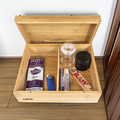 Subtle Rolling Tray Stash Box - Large Bamboo Box w/Ample Storage Space to Organize Herb Accessories - Comes with Convertible Rolling Tray Lid - (10" x 8" x 3.5")
