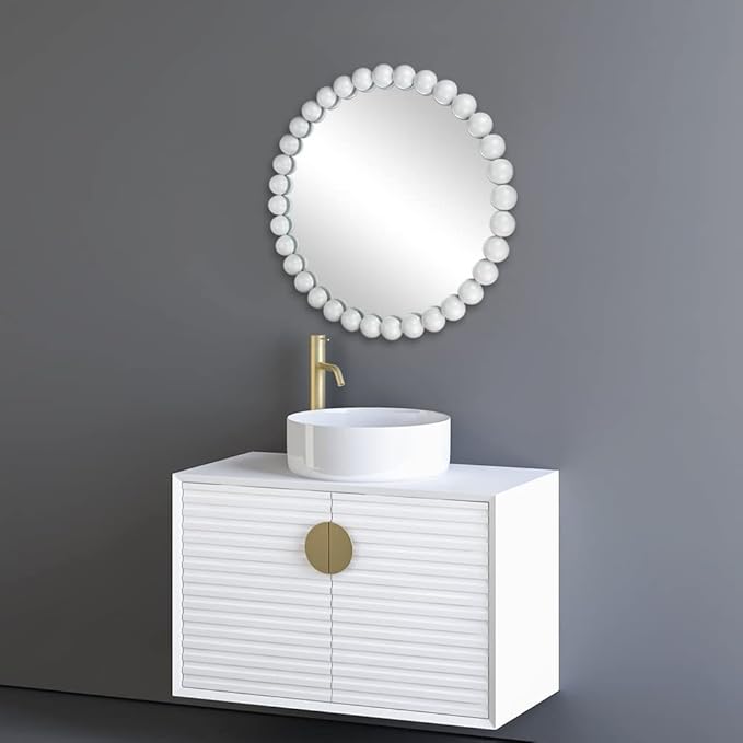 White Round Wall Mirror 24'' Wood Beaded Mirror for Wall Decor Large Circle Decorative Wall Mirror White Hanging Mirror for Bathroom,Bedroom,Living Room,Nursery Room,Kids Room