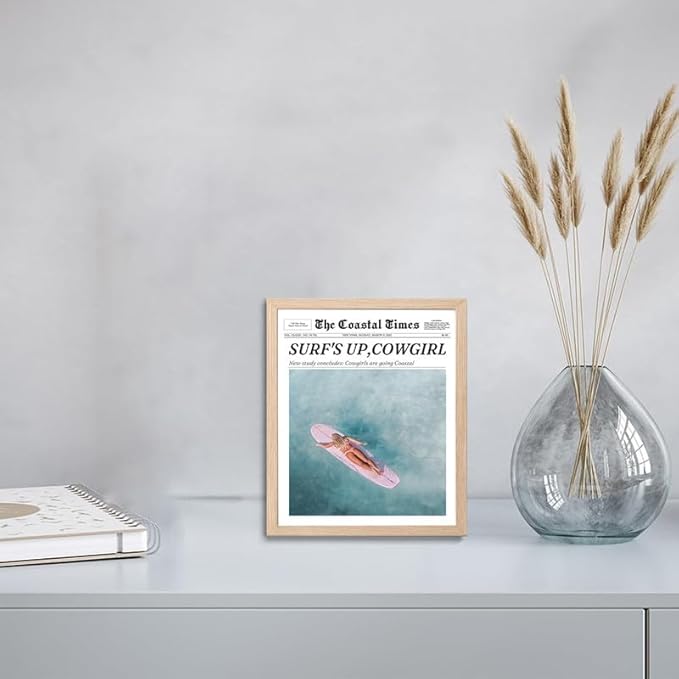 Bwodke OAK Wood Framed Wall Art Coastal Trendy Cowgirl Canvas Art Vintage Newspaper Pictures Wall Decor Surfer Up Vintage Bar Cart Prints Trendy Artwork for Girly Dorm Bedroom 8"x10"