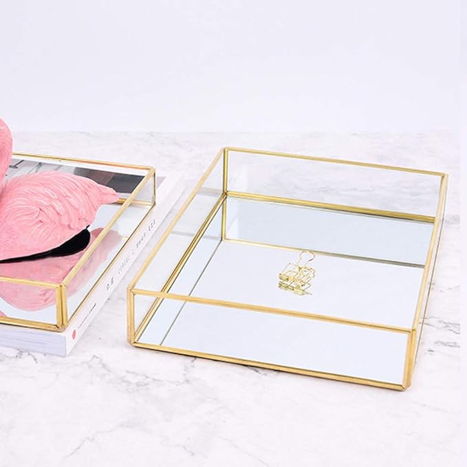 Gold Perfume Tray, Rectangle Decorative Glass Mirror Vanity Tray Jewelry Photo Display Organizer for Trinket Cosmetics Makeup Bathroom Bedroom Home Table Decorative (L)
