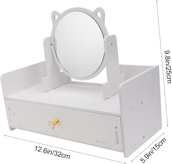SHERCHPRY 1Pc Rotatable Desktop Makeup Mirror with Storage Drawer Girl Cosmetics Organizer Box for Vanity Countertop Clear Smooth Reflective Surface Material