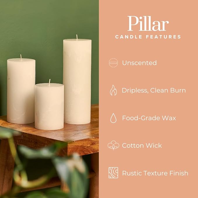 Simply Soson 3x4, 3x6, 3x8 inch Ivory Pillar Candles, Set of 3 Pillar Candles, Rustic Texture, Unscented Ivory Candles, Dripless Candles, Ideal as Wedding, Parties, Spa, Dinner, Home Decor, Church