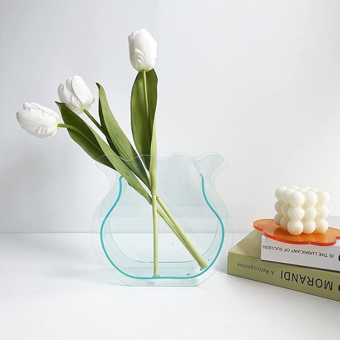 Acrylic Flower Vase Fish Tank for Small Goldfish Make-up Brush/Pen Holder Elegant Modern Contemporary Design Vase for Home Office Wedding Decor (Green Glass, Flower)
