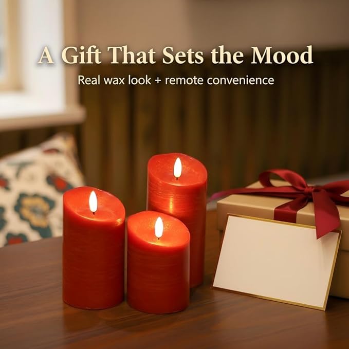 ANGELLOONG Red Flameless Candles with Remote and Timer, Real Wax Flickering Fake Pillar Candles Battery Operated, Electric LED Candle for Bathroom Table Decor Birthday Gifts for Him Her, Set of 3