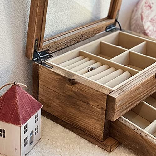 Makeup Organizer Jewelry Case Organizer Jewelry Storage Jewelry Box Solid Wood Retro Distressed Wooden Jewelry Organizer Box With Clear Lid Double-Layer Jewelry Case For Rings Jewelry Box Je