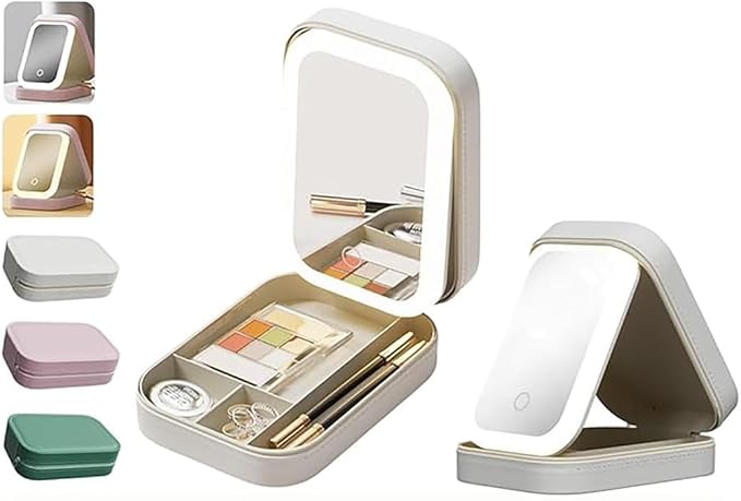 Portable LED Makeup Bag with Adjustable Light-Up Mirror - Three-Color Lighting | Dust-Proof Cosmetic Case with Multi-Compartment Storage and Jewelry Organizer (White)