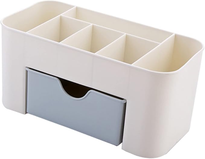6 Compartments Cosmetics Makeup Organizer Cosmetic Storage Box with Drawer Multifunctional Makeup Desk Organizer for Home Bathroom(Blue)
