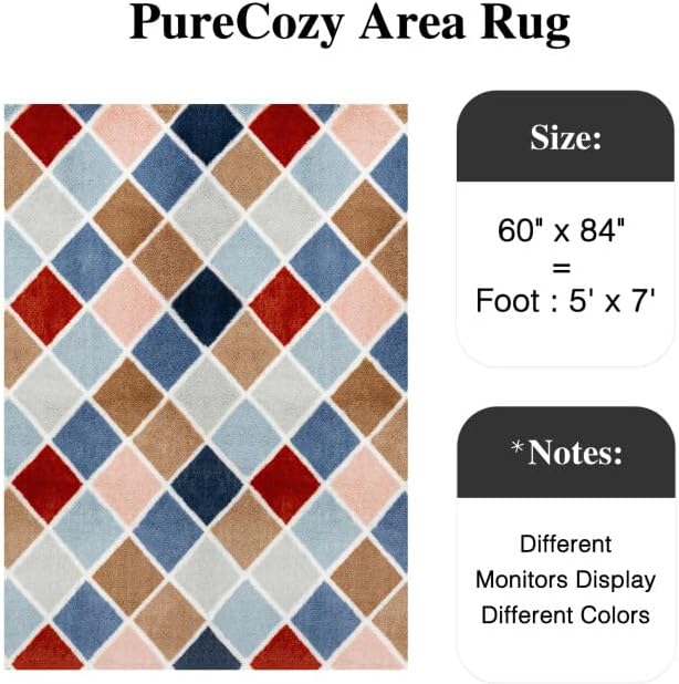 PureCozy 5x7 Checkered Rug for Living Room Rainbow Modern Soft Area Rug Fluffy Non-Slip Carpet for Bedroom Playroom Home Aesthetic Decor
