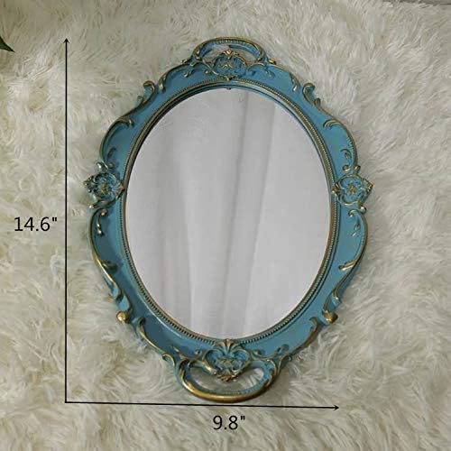 Oval Decorative Mirror Tray, French Style, Makeup Organizer, Jewelry Organizer, Serving Tray, 9.8"x 14.6", Golden Blue