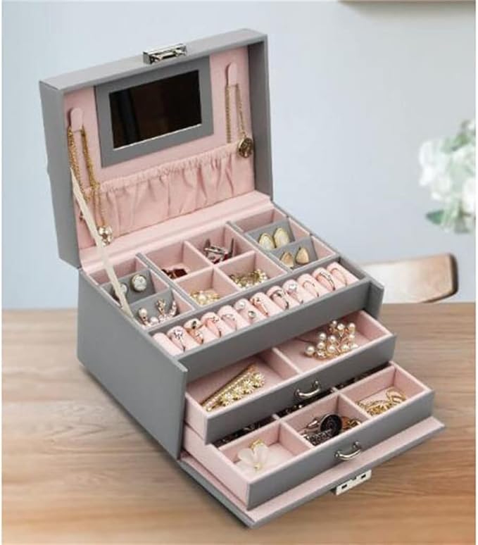 Multifunctional Ring,Leather Jewelry Box Organizer, Necklace, and Makeup Display Case, Large Jewelry Storage Box for Rings, Earrings, Bracelets, and Cufflinks, 13.5x18.3x11.5cm